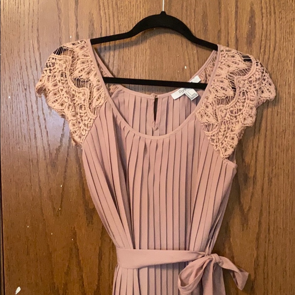 Nude, pink pleated dress with lace detail